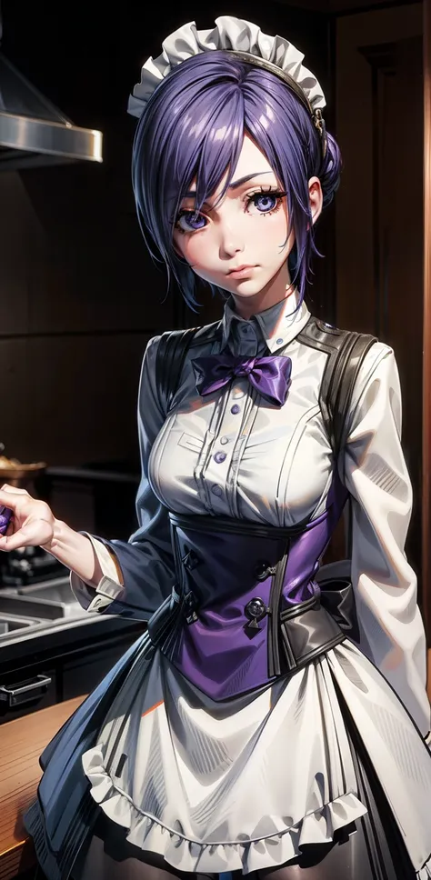 Beautiful face, beauty, white skin, purple-blue eyes, short purple-blue hair, hair covering her left eye, cute body, Cute waitress outfit, detailed black dress, white embellished apron, An ornate dress containing embellishments and bows, a castle maids dre...