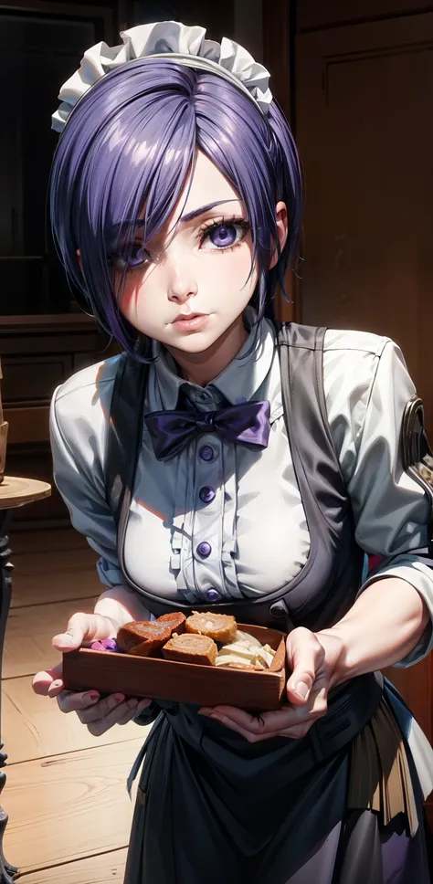 Beautiful face, beauty, white skin, purple-blue eyes, short purple-blue hair, hair covering her left eye, cute body, Cute waitress outfit, detailed black dress, white embellished apron, An ornate dress containing embellishments and bows, a castle maids dre...