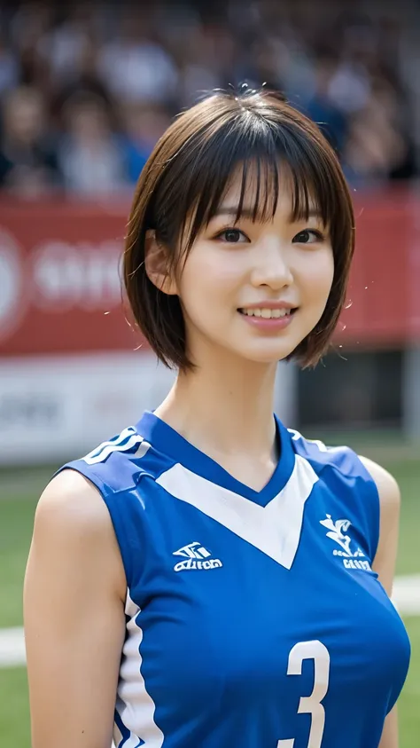 volleyball uniforms、woman、big breasts、upper body、gym、smile、short hair、brown hair、