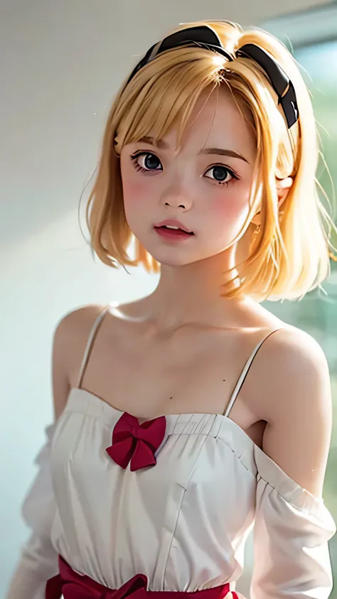 1 girl, Looks about 14 years old, Height about 140 cm, flat chest like a boy, covered erect nipples, Beautifully detailed face:1.3、((She has a big red bow in her hair, just like a doll...:1.6))、 ((very small flat chest:1.7)), wearing sheer lingerie, covere...