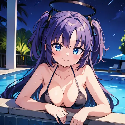 ((masterpiece)), ((best quality)), (ultra-detailed), pool, night, a cute girl, 1girl, solo, bikini, ((beautiful eyes)), smile