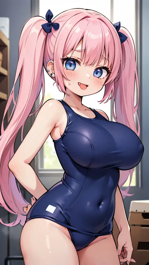 (masterpiece、Highest quality、Super detailed)、((One girl))、((Pink Hair))、((Twin tails))、((Light blue eyes))、evil smile、((Open Mouth))、((Sticking out tongue))、((lots of piercings))、((Very large breasts))、((Navy blue school swimsuit))、Cowboy Shot、Take a pictu...