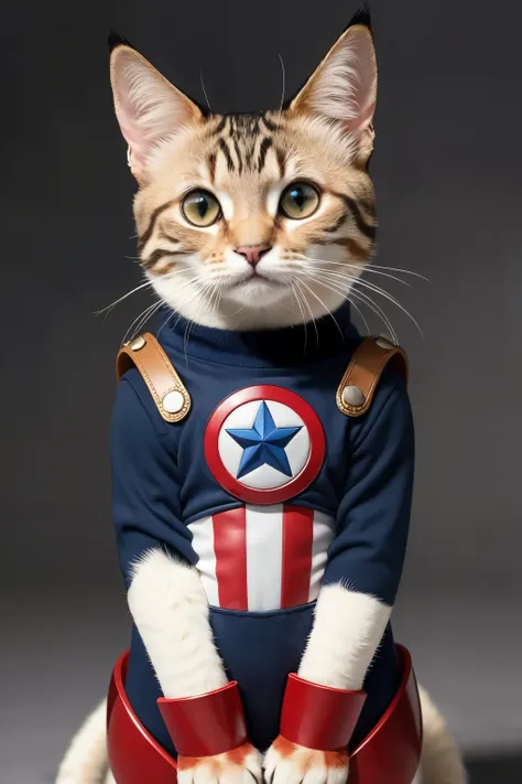 work of art,highest quality,animal,a little,cute,no humans, Cat , captain americaoutfit , hands aside  
standing on hind legs
