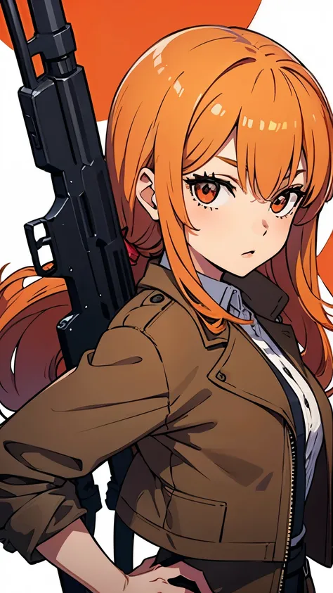 1girl, brown jacket, orange and red ornament, gun