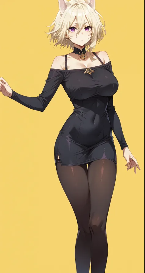 short hair,blonde hair,purple eyes,cat ears,big breast,black dress,black tights,,cleanched teeths,big breast