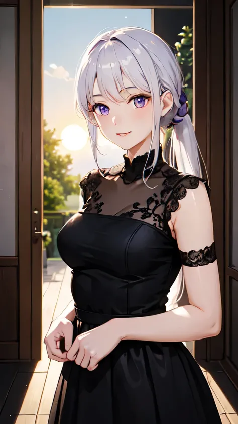 ((Highest quality)), ((masterpiece)), (detailed), evening、A beautiful girl with purple eyes and white hair tied in a ponytail、Having a pleasant conversation with friends。The soft light of the setting sun shines in all around.、A heartwarming scene filled wi...