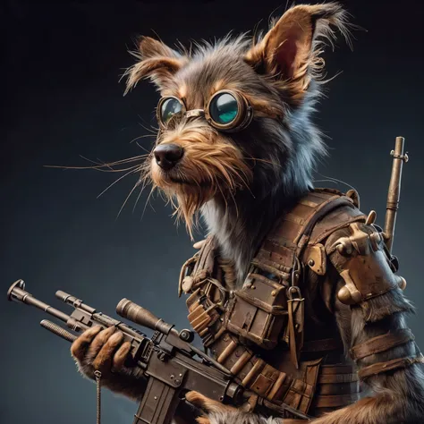 Creates a hyper-detailed photorealistic macro image of an anthropomorphic warrior dog. He has glasses. He looks disheveled and fierce at the same time. Their whiskers are messy and their ears are cut off and bandaged. He holds a gun with a barrel that tran...