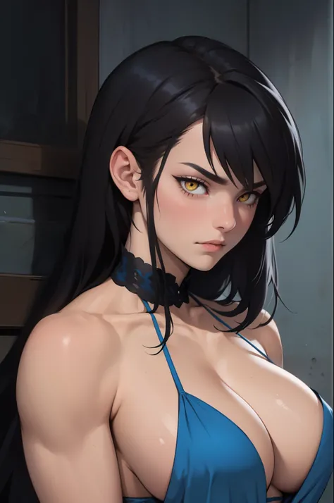 hair flaps massive hair long hair black hair onyx pale skin yellow eyes huge muscles huge breasts sad sad angry sad girl blue silk blue silk silk sad pale blue silk sad blue silk blue blue silk