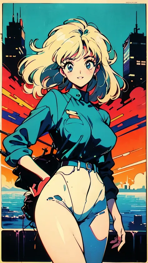 (80s, Retro, City Pop Poster:1.5), (Album cover), (masterpiece, Highest quality), (anime, figure), 
Best Photo Poses, Dynamic Angle, Cowboy Shot, blonde Russian girl, 19 years old, Large Breasts, Wide Hips, Perky ass, Round ass,
girl, alone, smile, A perfe...