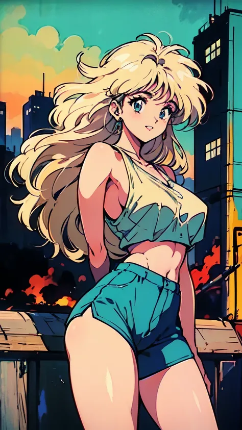 (80s, Retro, City Pop Poster:1.5), (Album cover), (masterpiece, Highest quality), (anime, figure), 
Best Photo Poses, Dynamic Angle, Cowboy Shot, blonde Russian girl, 19 years old, Large Breasts, Wide Hips, Perky ass, Round ass,
girl, alone, smile, A perfe...