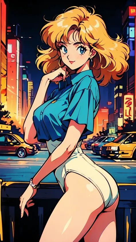 (80s, Retro, City Pop Poster:1.5), (Album cover), (masterpiece, Highest quality), (anime, figure), 
Best Photo Poses, Dynamic Angle, Cowboy Shot, blonde Russian girl, 19 years old, Large Breasts, Wide Hips, Perky ass, Round ass,
girl, alone, smile, A perfe...