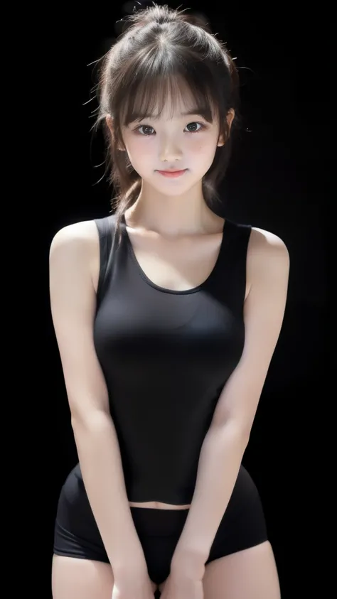 8k、High-resolution images、6 years old、(Baby Face:1.5)、(Round face:1.5)、One Japanese woman, beautiful girl, Pretty face, (Looking into the camera), (Standing facing the camera), (smile), (Training wear:1.4)、(Bloomers)、(Tank top:1.4)、(Black background:1.5)、M...