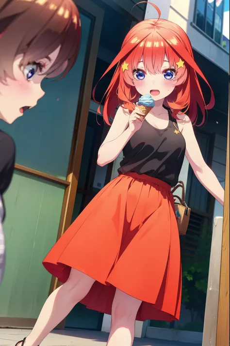 itsukinakano, Itsuki Nakano, bangs, blue eyes, Hair between the eyes, Ahoge, Redhead, star (symbol), hair ornaments, star hair ornaments,Red Tank Top,Long skirt,Heeled Sandals,Walking,smile,blush,Open your mouth,Eating ice cream,Holding ice cream in one ha...