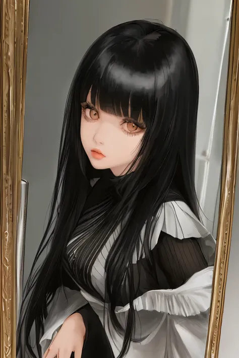 there is a woman taking a selfie in a mirror, ulzzang, long black hair with bangs, she has black hair with bangs, long dark hair with bangs, hair blackbangs hair, korean girl, long hair with bangs, long hair with full bangs, long straight bangs, neat hair ...