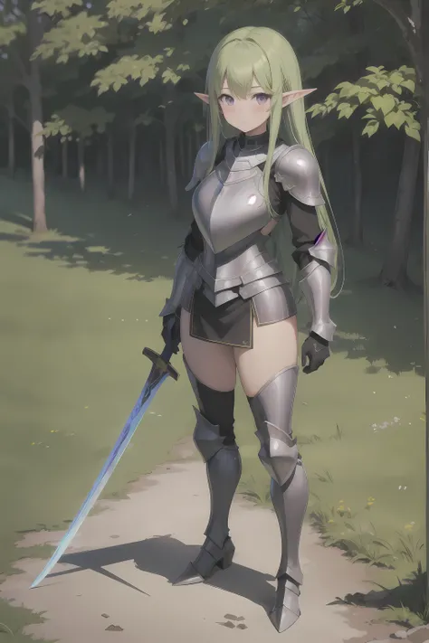 1girl, elf, pointy ears, standing, forest, blush, purple eyes, green hair, full shot, full body, (plated armor:1.3), (sword:1.1), leather gloves, skirt, looking at viewer, perfect hands, (grass:0.5)