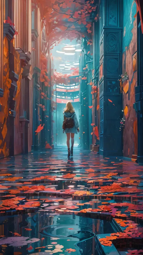 (highest quality, High resolution, Vibrant colors, Realistic), (Inside a giant maze made from a pool), 1 girl, 20-year-old female, Wearing military-style clothing, short blonde, walk through the maze, Mysterious lighting, Unrealistic atmosphere, Reflection...