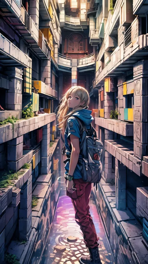 (highest quality, High resolution, Vibrant colors, Realistic), (Inside a giant maze made from a pool), 1 girl, 20-year-old female, Wearing military-style clothing, short blonde, walk through the maze, Mysterious lighting, Unrealistic atmosphere, Reflection...