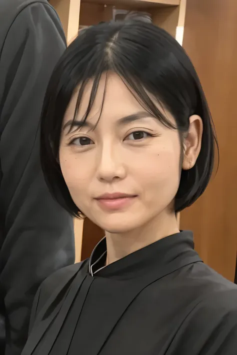 Skinny Japanese woman, 30 years old, Small build, Slit eyes, Fleeting atmosphere, Black Bob Hair, ((Thin lips)), ((Shiny Rubber Suit)), Mastepiece, Best Quality, Detailed skin, Detailed eyes, Detailed face,8K, Good anatomy, Upper body portrait