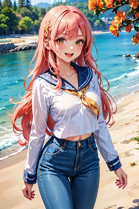 best quality, (masterpiece:1.3), absurdres, highres,16k, ultra high res, official art, illustration,extremely detailed, 1girl, solo, full body, 20yo, 
delicate lines tailed face, (long hair1.2), (straight hair1.8), (beautiful (coral pink) hair:1.2), (shiny...