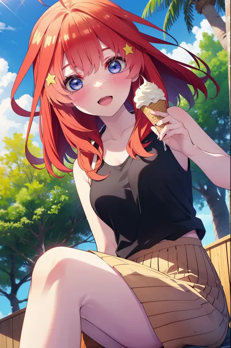 itsukinakano, Itsuki Nakano, bangs, blue eyes, Hair between the eyes, Ahoge, Redhead, star (symbol), hair ornaments, star hair ornamentsハイビスカスのhair ornaments,Red Tank Top,Long skirt,Heeled Sandals,Walking,smile,blush,Open your mouth,Eating ice cream,Holdin...