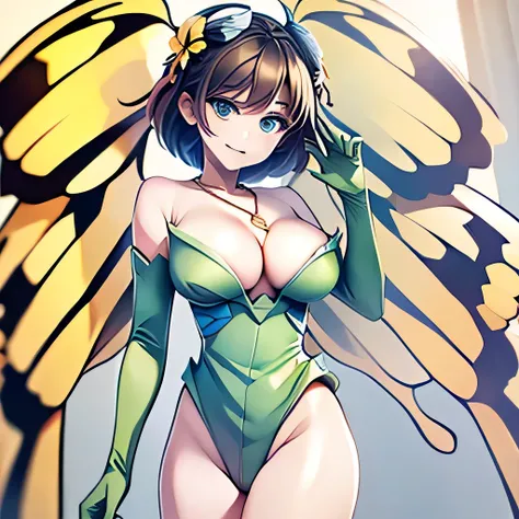  ((masterpiece,best quality,ultra-delicate,Perfect Face,16k,high resolution,very beautiful woman)),yellow butterfly wings on the head,brown medium short hair,black hair ornaments:1.2,green leotard,green long boots ,green long arm gloves, large breasts,gold...