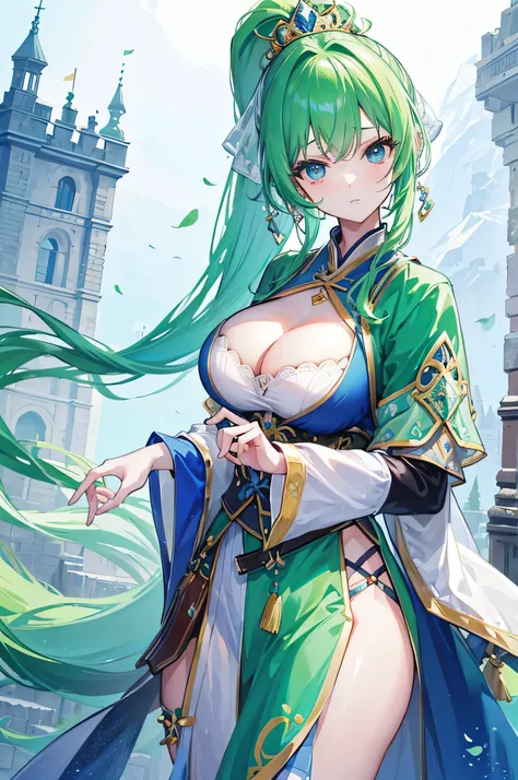 4K,High resolution,One Woman,Green Hair,Long Ponytail,Blue eyes,Big Breasts,PRİNCESS,緑色のPRİNCESSのドレス,PRİNCESSのティアラ,Costume decorated with jewels,Medieval castle