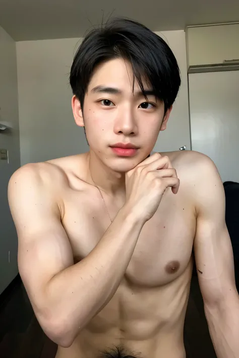 ((best quality)), (detailed), perfect face, HOMEM COREANO, SEM CAMISA, rosto bonito, PEITO MUSCULAR, volume na cueca, protuberance, grande, futurista, Corpo magro, rouco, magro, big nice protuberance, lindo ator coreano, poses sensuais, sensual, blushing r...