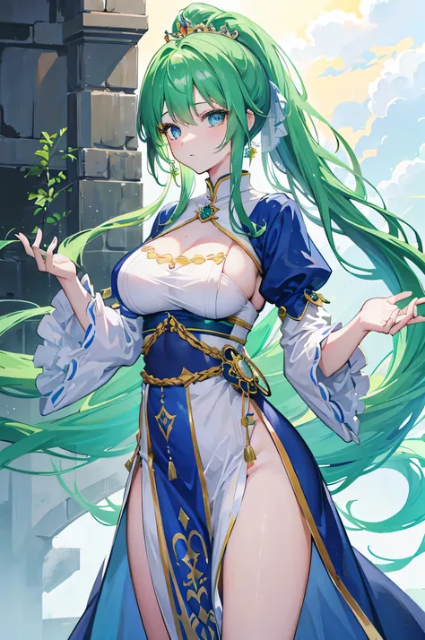 4K,High resolution,One Woman,Green Hair,Long Ponytail,Blue eyes,Big Breasts,PRİNCESS,緑色のPRİNCESSのドレス,Long dress,PRİNCESSのティアラ,Jewelry decoration,Medieval castle