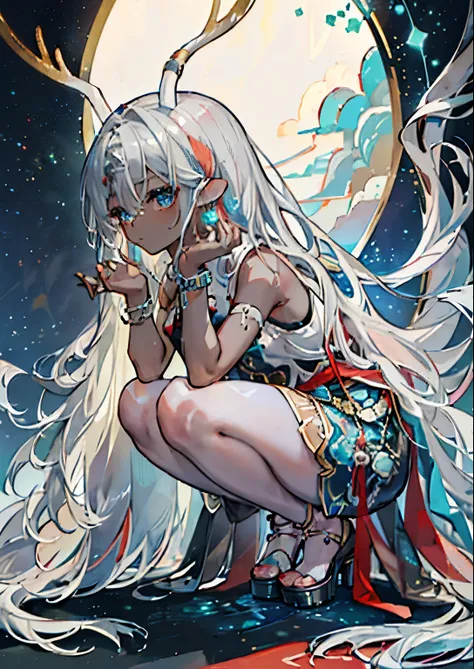 ((highest quality)), ((masterpiece)), (detailed), one girl,silver hair,long hair，dark skin,wearing a black sleeveless dress，wear...