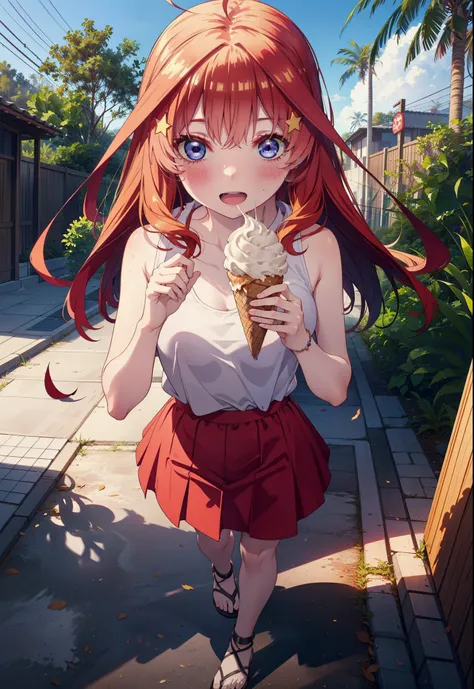 itsukinakano, Itsuki Nakano, bangs, blue eyes, Hair between the eyes, Ahoge, Redhead, star (symbol), hair ornaments, star hair ornaments,ハイビスカスのhair ornaments,Red Tank Top,Long skirt,Heeled Sandals,Walking,smile,blush,Open your mouth,Eating ice cream,Holdi...