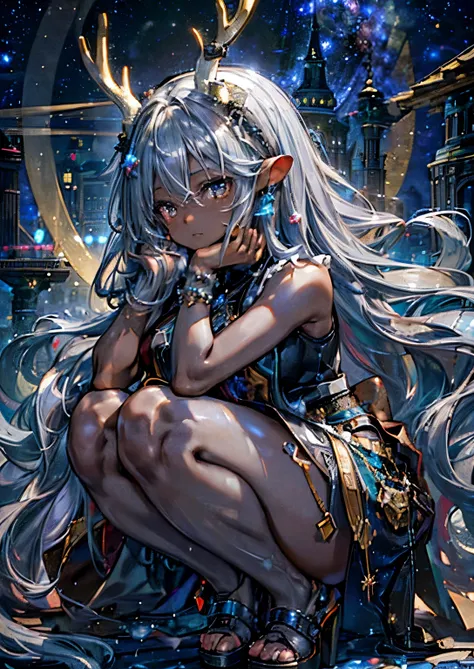 ((highest quality)), ((masterpiece)), (detailed), one girl,silver hair,long hair，dark skin,wearing a black sleeveless dress，wear...