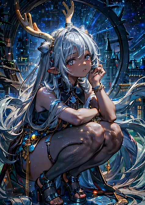 ((highest quality)), ((masterpiece)), (detailed), one girl,silver hair,long hair，dark skin,wearing a black sleeveless dress，wear...