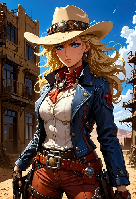 Create a breathtaking, ultra-high-definition image in 16K resolution that captures the adventurous and stylized essence of a futuristic Western world, inspired by the art style of the Trigun anime. |Visualize a striking blonde cowgirl with flowing hair and...