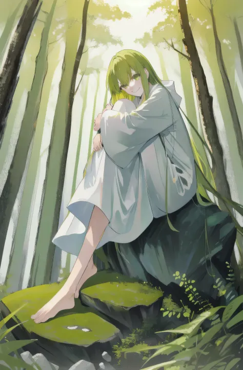 absurdres, masterpiece, best quality, highres, 1other enkidu, short white robe, barefoot, sitting on rock, hugging own knees, he...