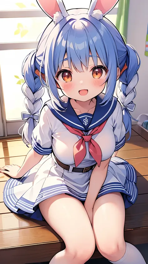 nursery,photo realistic,vivid colors,spoken heart, white knee socks,open mouth,steam,looking down,smile,Fluffy sleeves、Kindergarteners,(grabbing soft huge breast:1.1),Short stature、Used Pekora,folded bunny ear,twin blue braid,waist bow,carrot ornament,whit...