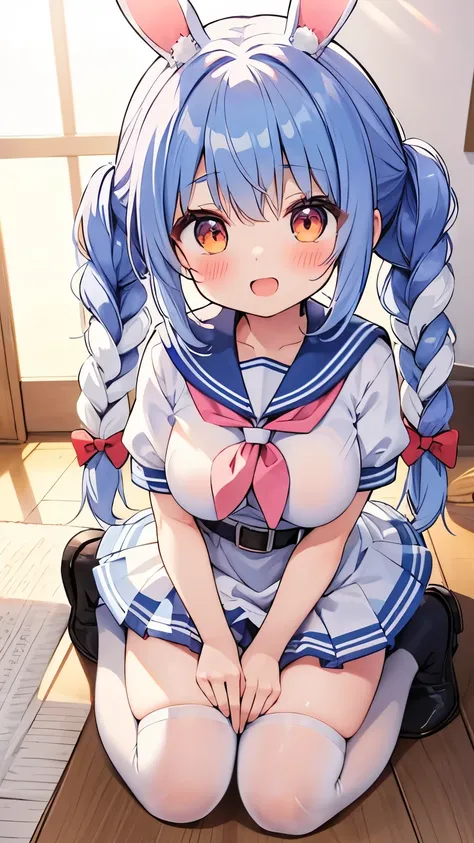 nursery,アニメ,vivid colors,spoken heart, white knee socks,open mouth,steam,looking down,smile,Fluffy sleeves、Kindergarteners,(grabbing soft huge breast:1.1),Short stature、Used Pekora,folded bunny ear,twin blue braid,waist bow,carrot ornament,white sailor cos...