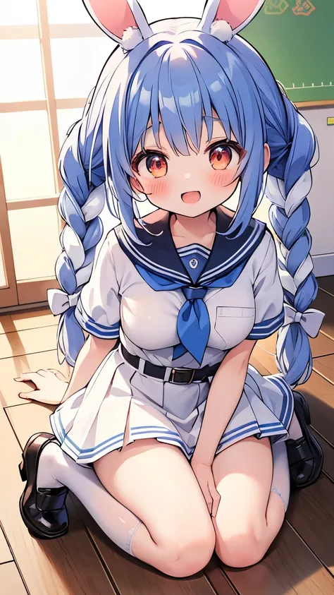 nursery,アニメ,vivid colors,spoken heart, white knee socks,open mouth,steam,looking down,smile,Fluffy sleeves、Kindergarteners,(grabbing soft huge breast:1.1),Short stature、Used Pekora,folded bunny ear,twin blue braid,waist bow,carrot ornament,white sailor cos...