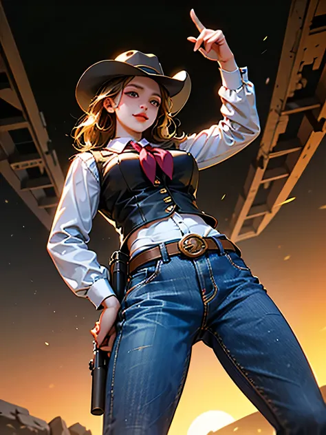 gun, photorealistic, RAW Photos、Realistic、(Super detailed)、(High resolution:1.2)、(masterpiece)、(Highest quality)、8k、Ultra-Details、Back view、(Perfect Anatomy:1.2)、Detailed and beautiful eyes and face、Angle from below、Cowgirl、One girl、Turn around to look at ...