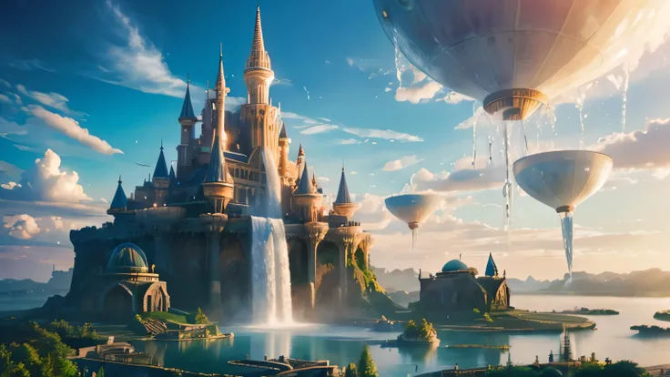 (Realistic, Photorealistic:1.4), Beautiful illustration, fantasy world, Cloud City, Floating Fountain, floating water fall