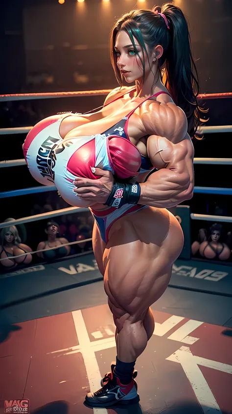 masterpiece, high quality, (Full Body), side view, ((Tall:1.2)), ((Naked)), Punk girl, big boxing gloves, beautiful, young, fair skin, smooth hair, (Masturbating on the  with very wide dildo vagina in boxing ring), (Massive Female Bodybuilder:1.9), Muscula...