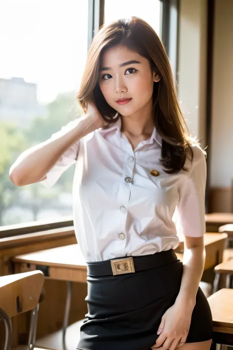 close up,1 girl{{a beautiful girl wearing a white short-sleeved shirt and a black short a-line skirt}} stood in the classroom.  ...