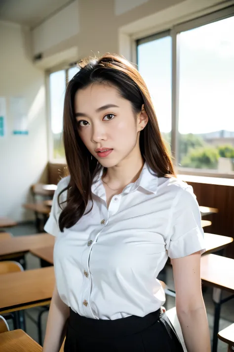 Close up,1 girl{{A beautiful girl wearing a white short-sleeved shirt and a black short A-line skirt}} stood in the classroom.  sexy poses  with several lecture tables set up behind it  There is a sliding glass window.  There was evening light streaming in...