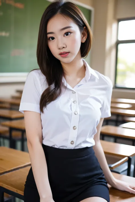 close up,1 girl{{a beautiful girl wearing a white short-sleeved shirt and a black short a-line skirt}} stood in the classroom.  ...