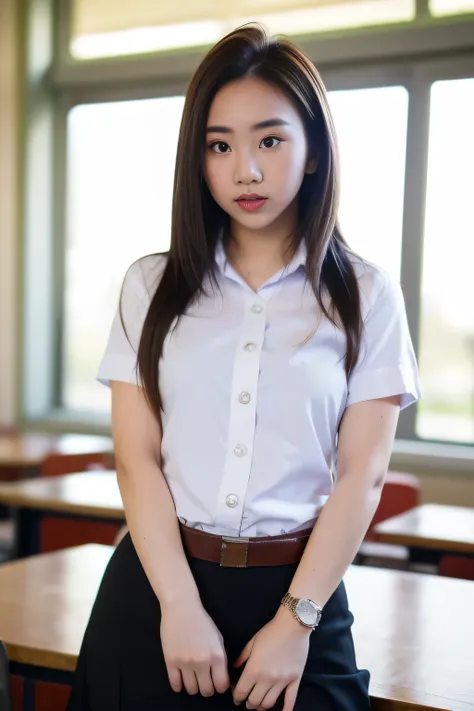 close up,1 girl{{a beautiful girl wearing a white short-sleeved shirt and a black short a-line skirt}} stood in the classroom.  ...