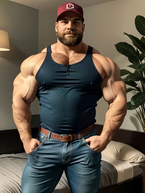 image is a portrait-style photograph featuring a huge, beefy, big, muscular bearded man with a well-defined, hairy chest and arm...