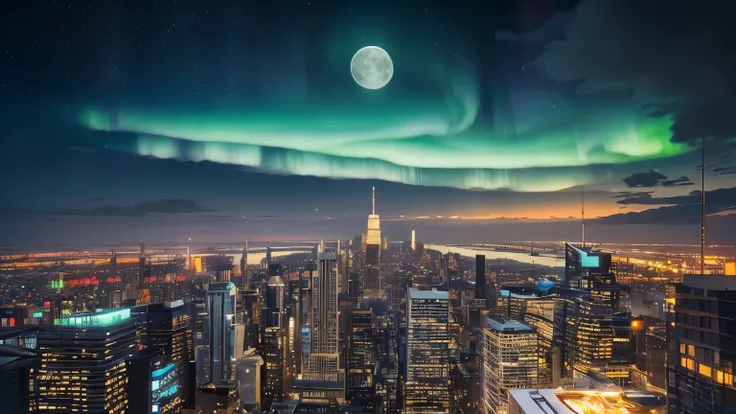 (Realistic, Photorealistic:1.4), Beautiful illustration, Future City, skyscraper, Aurora, starry sky, shooting star, full moon