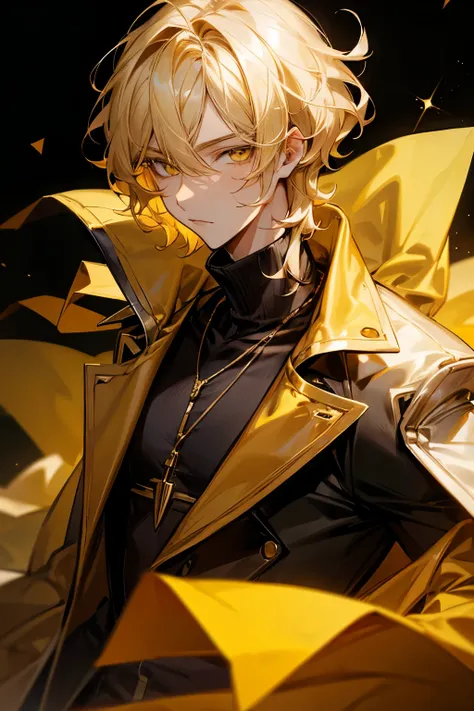 young boy, blond, short wavy hair, golden amber eyes, amethyst necklace, black turtleneck, yellow overcoat, manhwa style