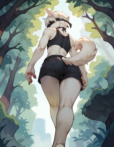 Solo, score_9,score_8_up,score_7_up, source_anime, 9s, blindfold, male, Anthro, Anthro furry white domestic dog, white furry body, white canine ears, snout, feminine, femboy, wearing black crop top, black short shorts, low angle shot, he is walking, one fo...