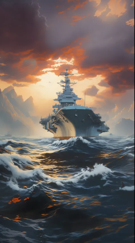 a warship parked in the middle of the water, masterpiece, best quality, (extremely detailed cg unity 8k wallpaper), (best qualit...