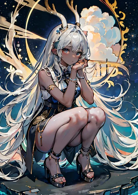 ((Highest quality)), ((masterpiece)), (detailed), One girl,Silver Hair,Long Hair，Dark Skin,Wearing a black sleeveless dress，Wear black high heels，Squatting pose on top of the tower,Starry Sky，cloud，Girl with deer antlers on her head，Look away